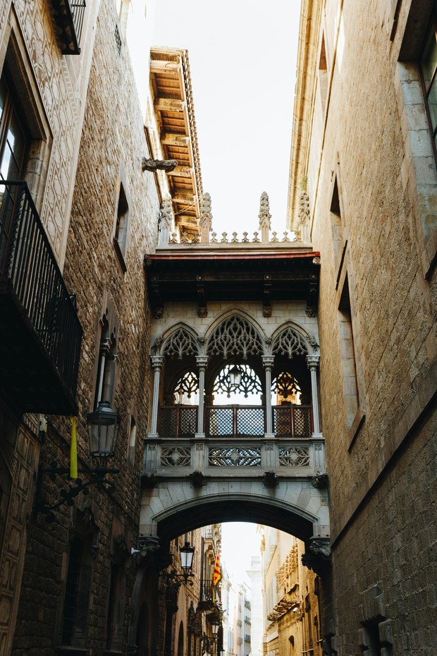 The carved Gothic bridge over Carrer del Bisbe, between tall stone walls in the old quarter.